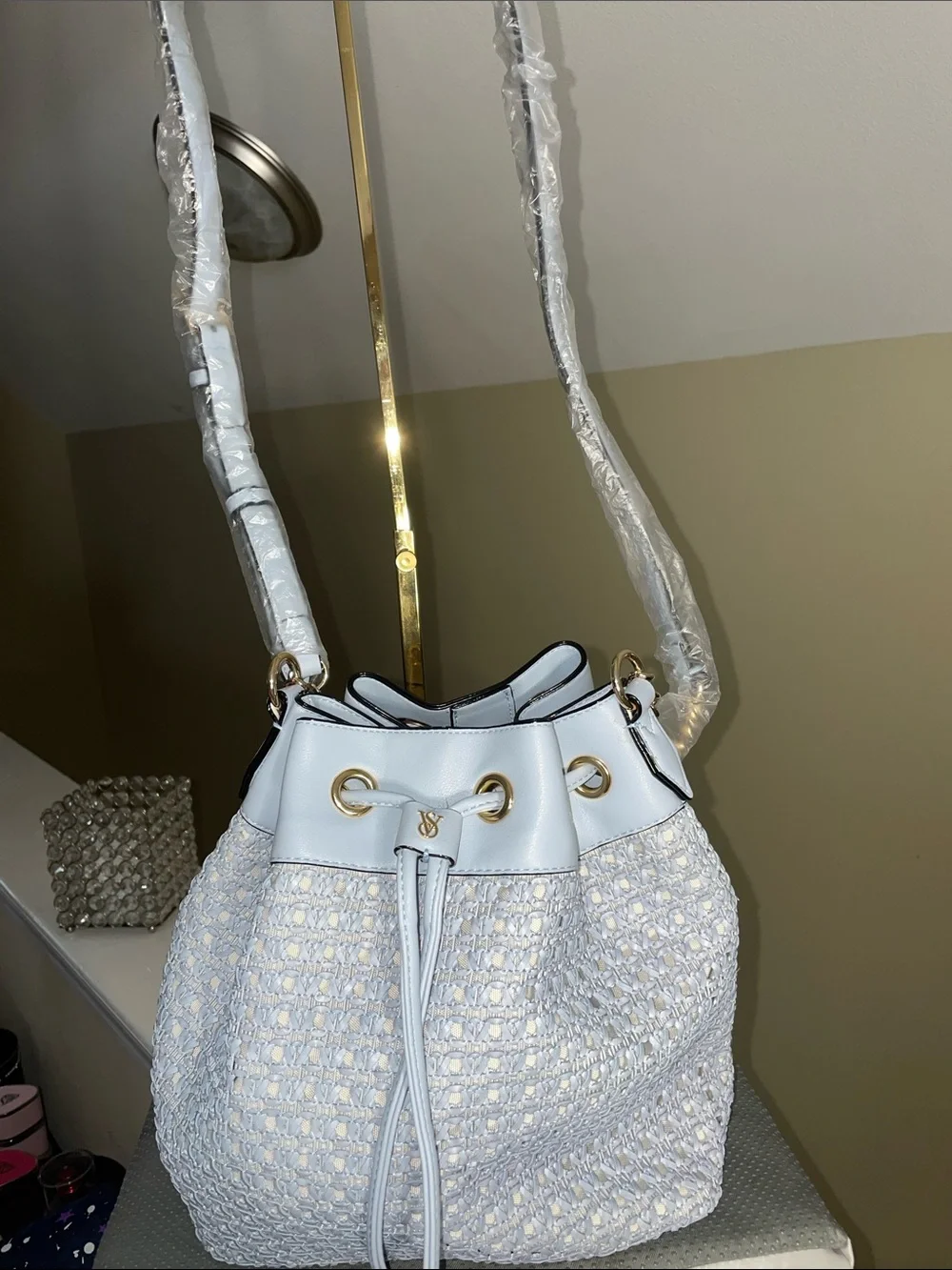 Victoria's Secret Light Blue Woven Drawstring Hobo with Gold Hardware